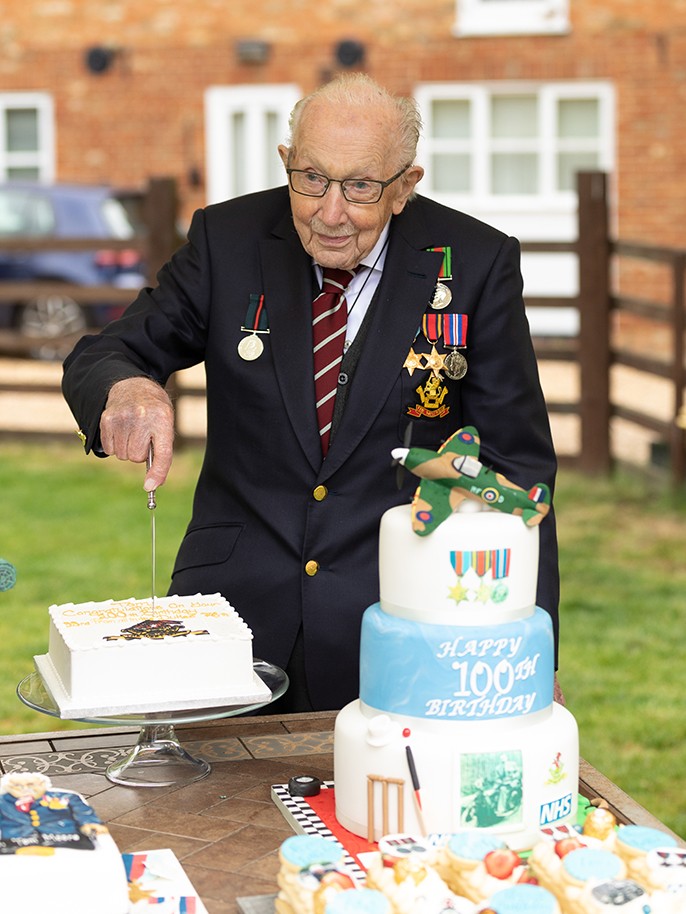 Captain Tom with Birthday Cakes on his 100th Birthday in Bedfordshire